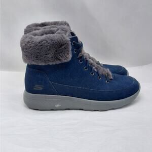 Skechers On The Go Goga Mat Fur Lined Ankle Boots Womens 6.5 Blue Cozy Comfort